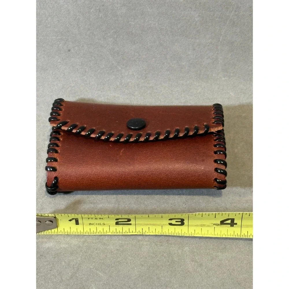 Vintage Brown Leather Key Case Organizer Whipstitch Snap Closure 6 Hooks Brown